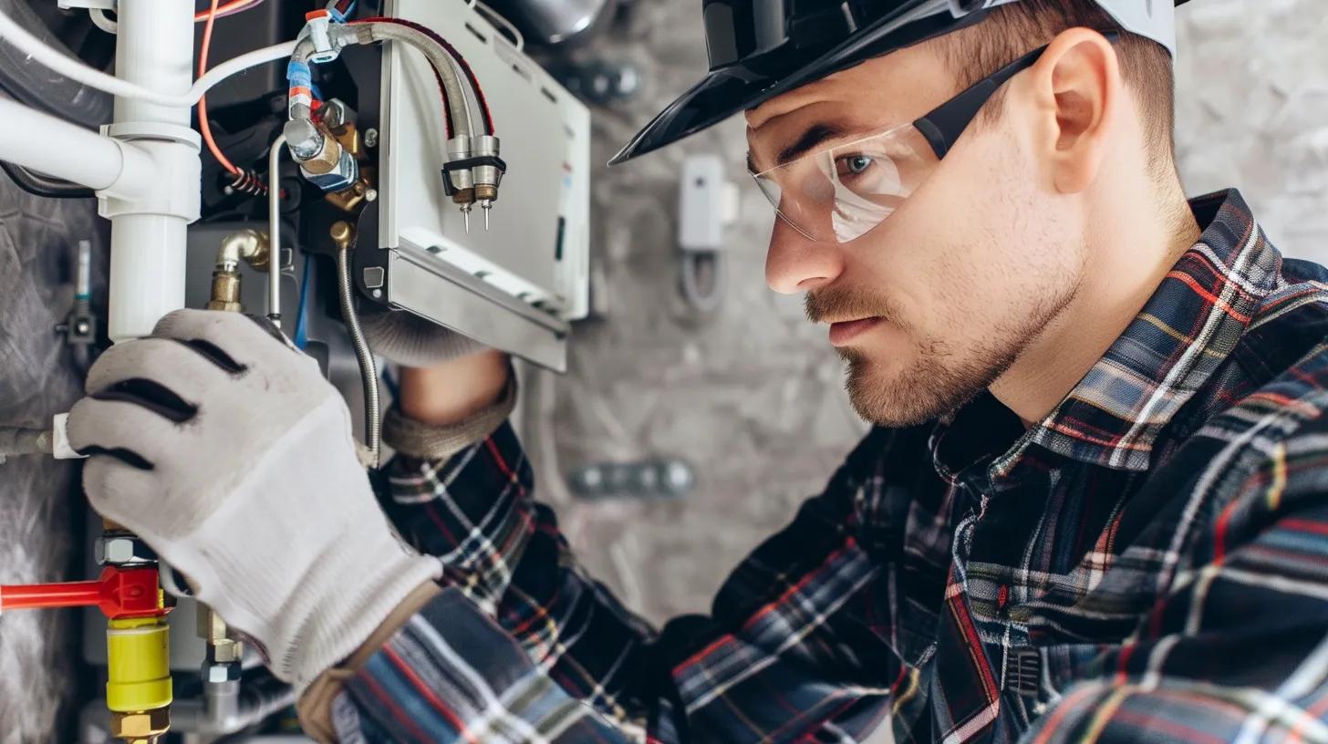 Technician performing boiler maintenance in a cozy home environment