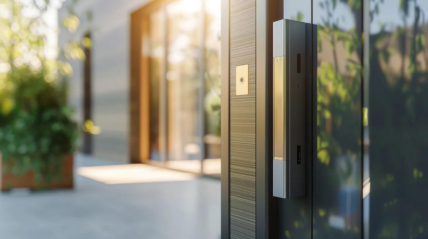 Modern electric door strike system installed on a door, highlighting security technology