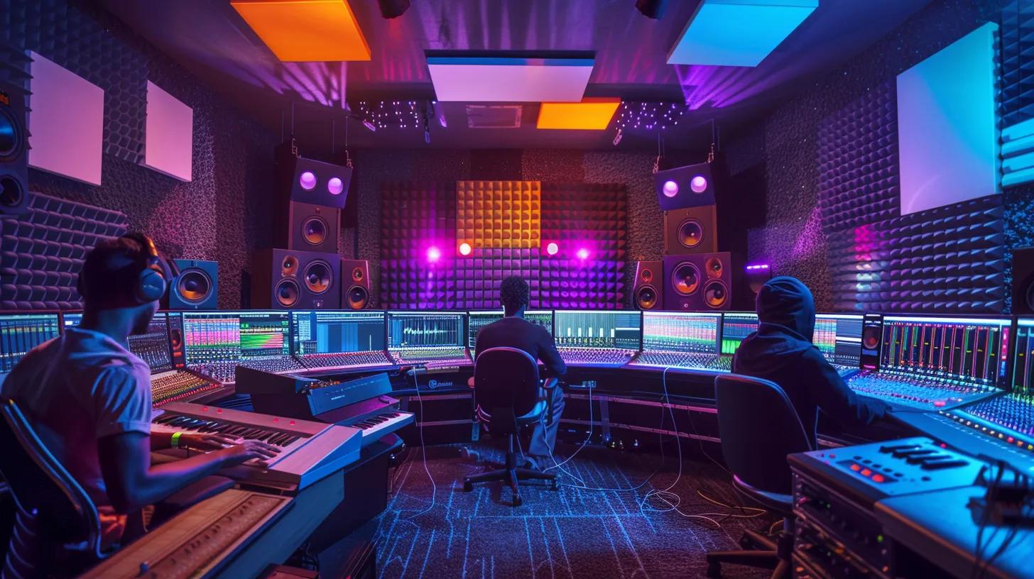 Modern music production studio with high-end equipment and musicians collaborating