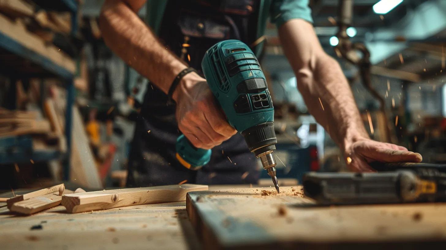 Person using a cordless drill in a home improvement project with safety gear in a workshop