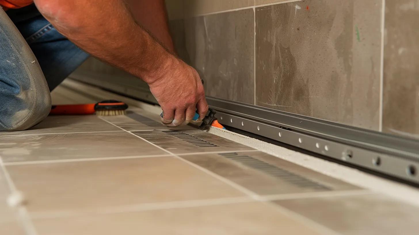 Construction professional installing a linear shower drain, demonstrating proper slope and alignment techniques