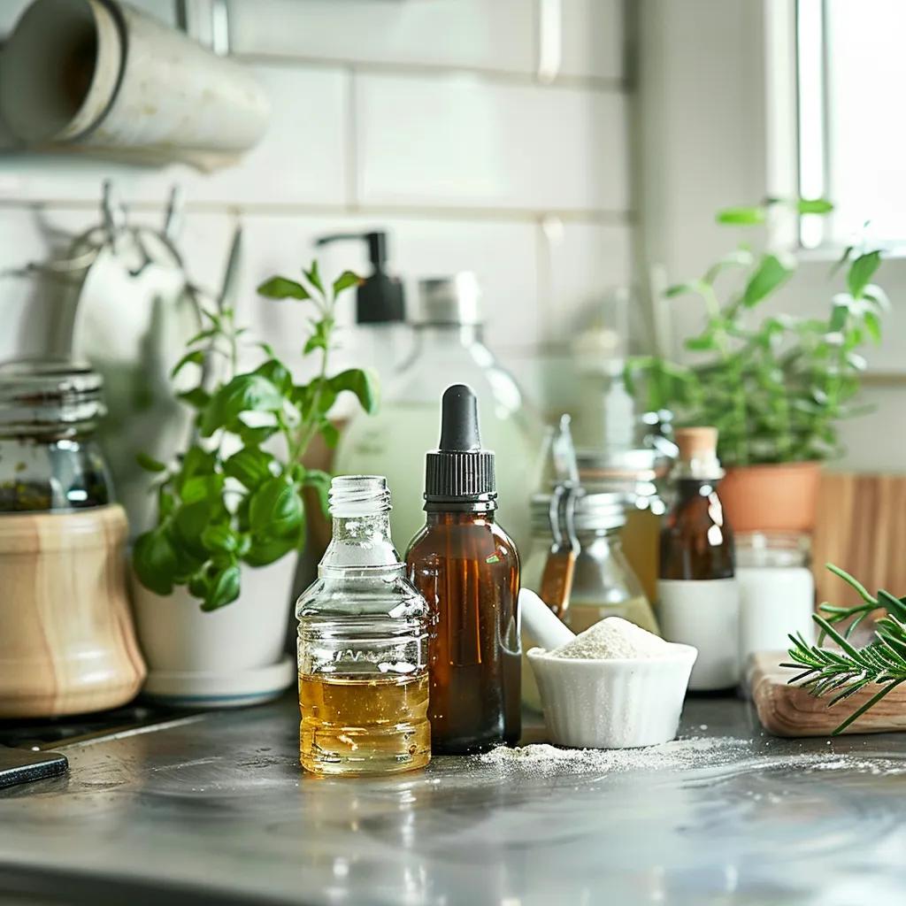 Natural pest control remedies including essential oils and vinegar on a kitchen counter Natural pest control remedies including essential oils and vinegar on a kitchen counter