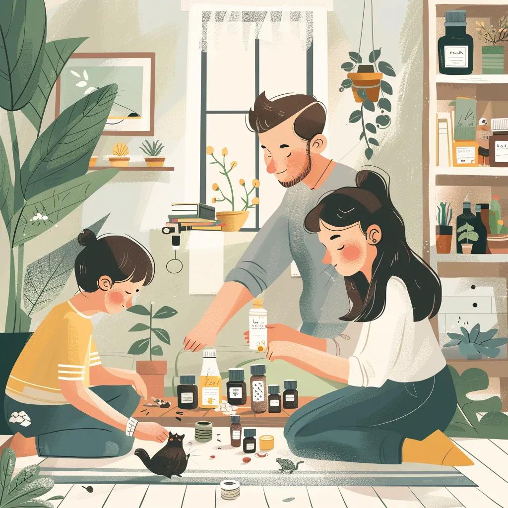 Family using natural pest control methods in a cozy home environment Family using natural pest control methods in a cozy home environment