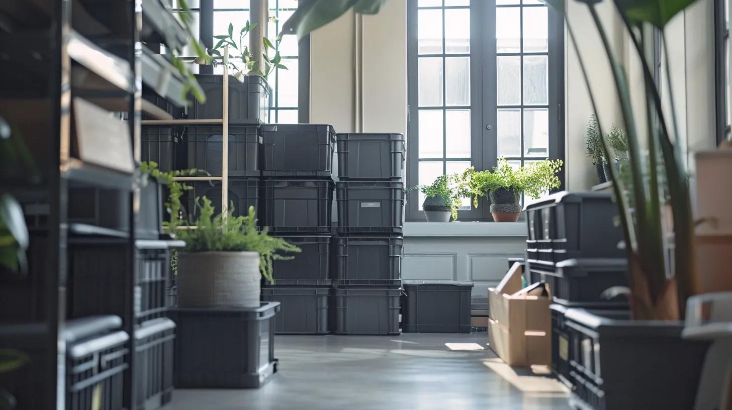 Durable black plastic storage boxes stacked in a well-organized space, highlighting their utility for moving