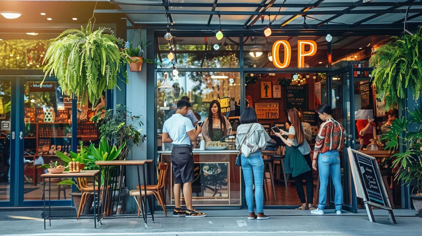 Small business storefront attracting local customers using smartphones, emphasizing local search optimization