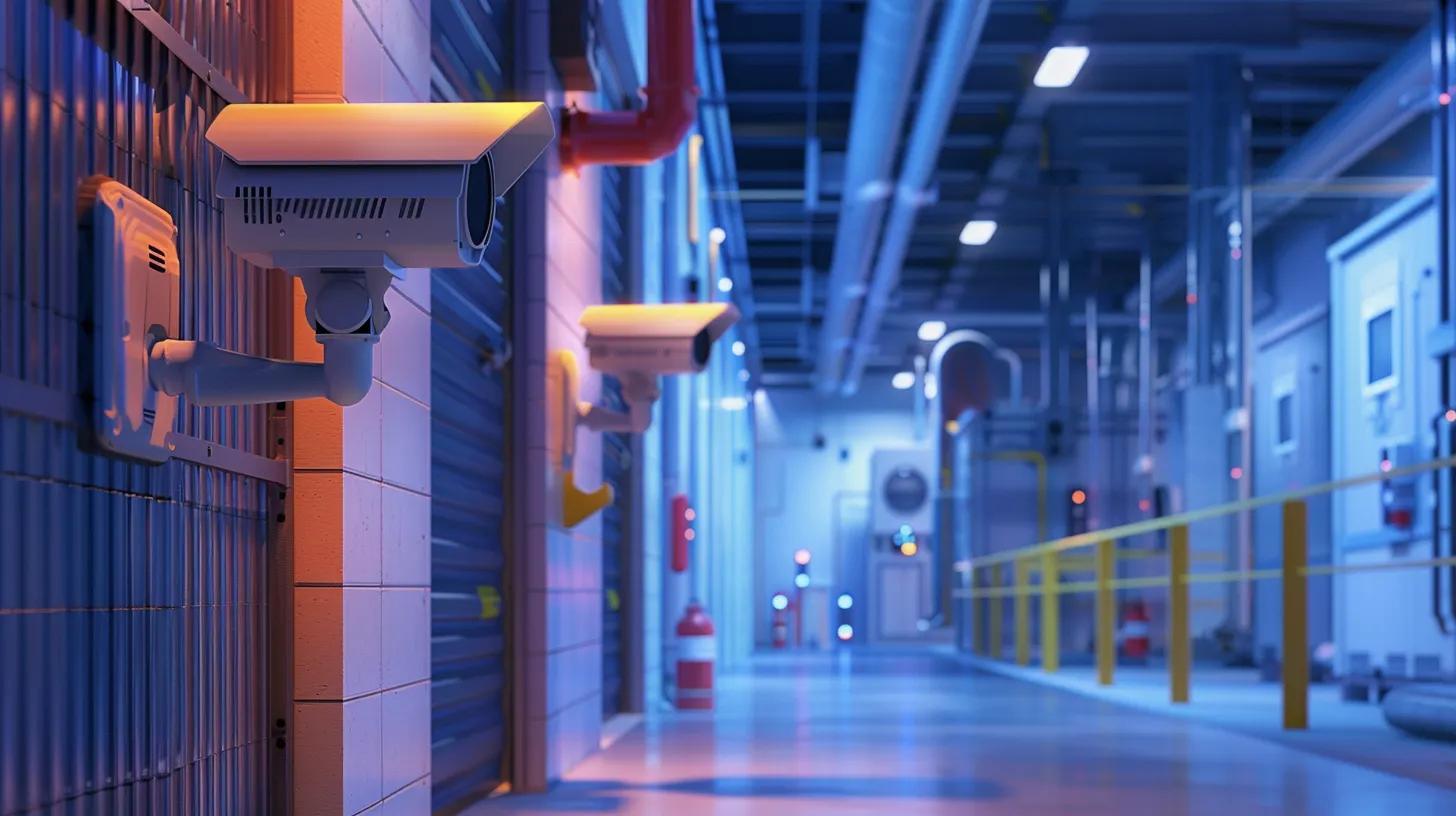 Illustration of security features in a storage facility, including surveillance cameras and alarm systems