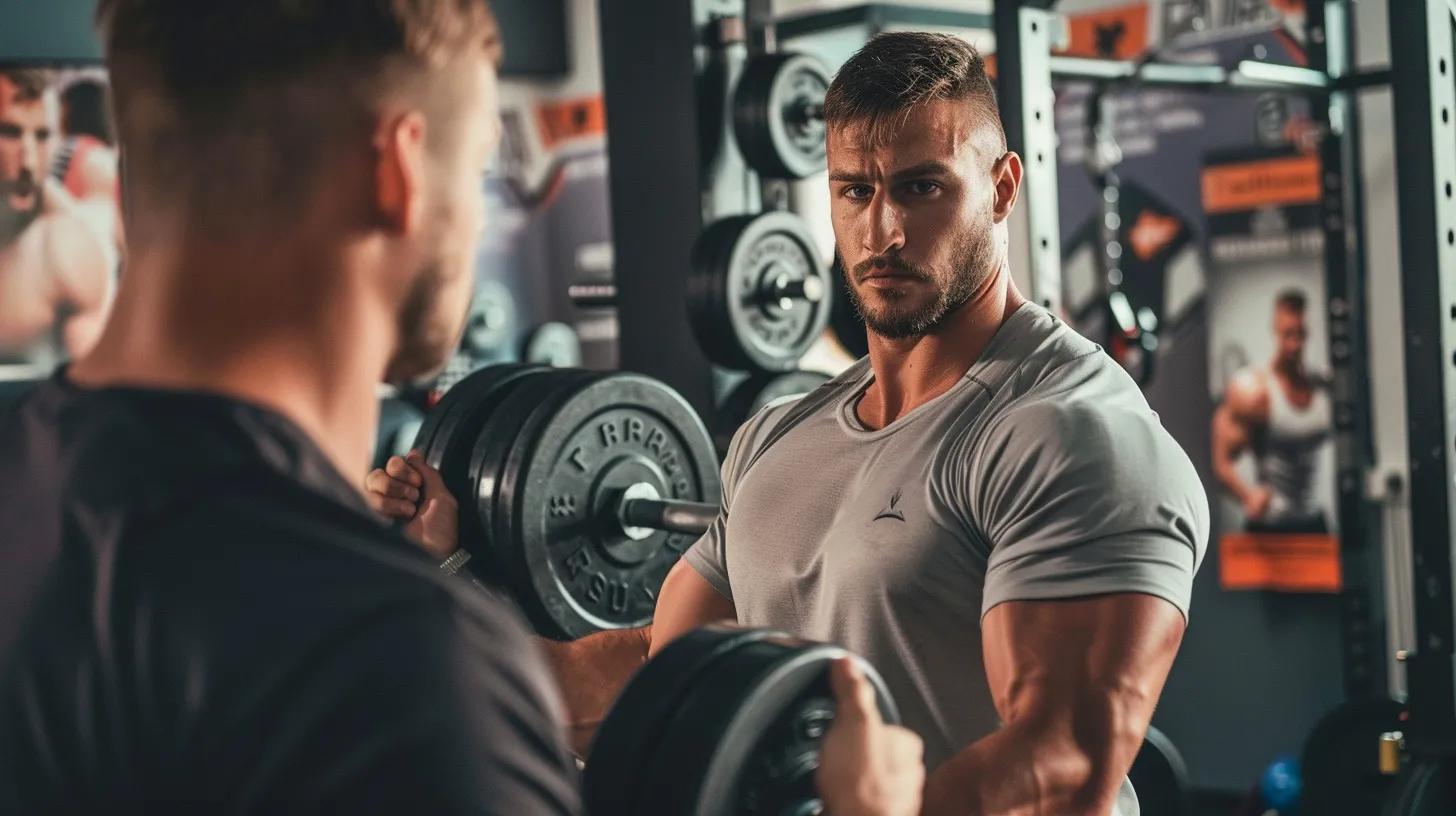 Personal trainer demonstrating muscle building techniques with a client in a gym