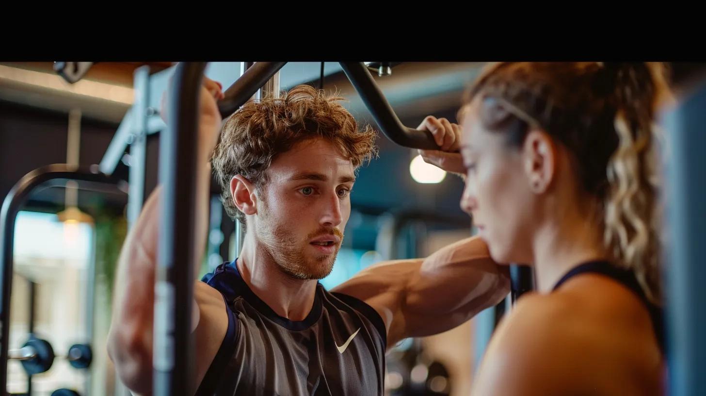 Personal trainer demonstrating strength training techniques with a client in a gym
