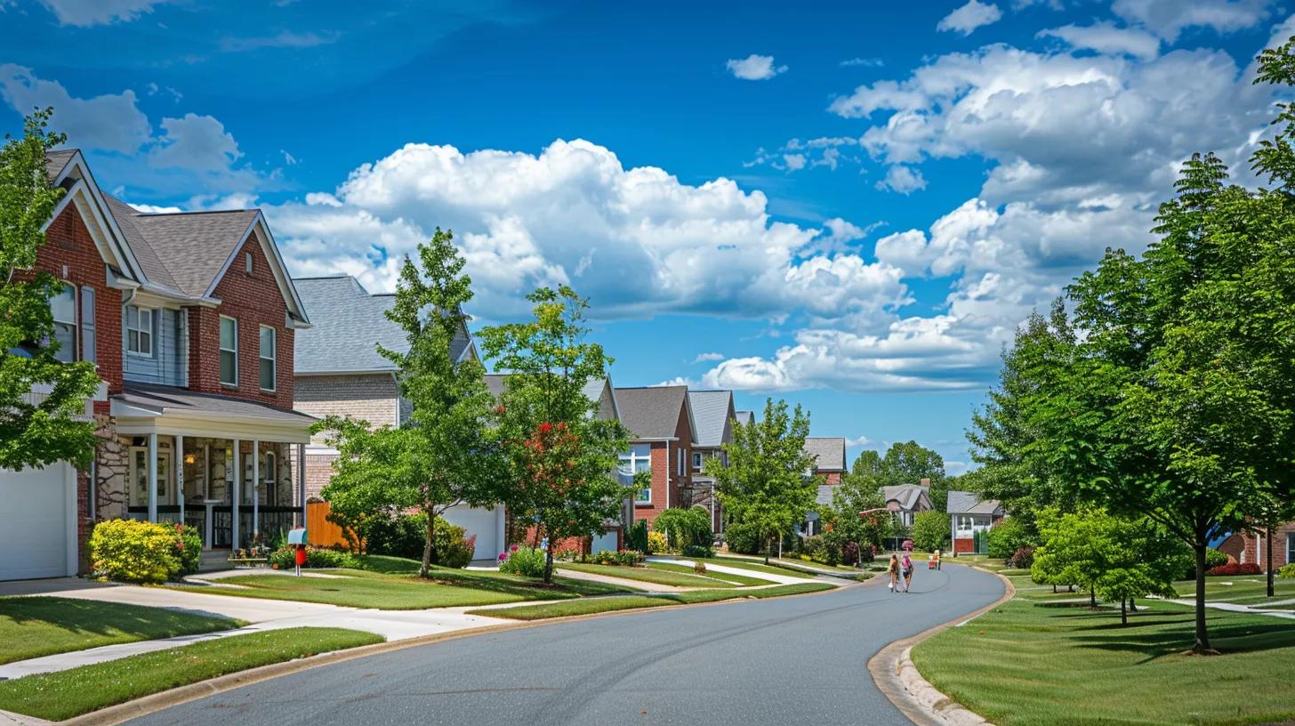Suburban street with houses and a school in the distance, illustrating the connection between education and property values Suburban street with houses and a school in the distance, illustrating the connection between education and property values