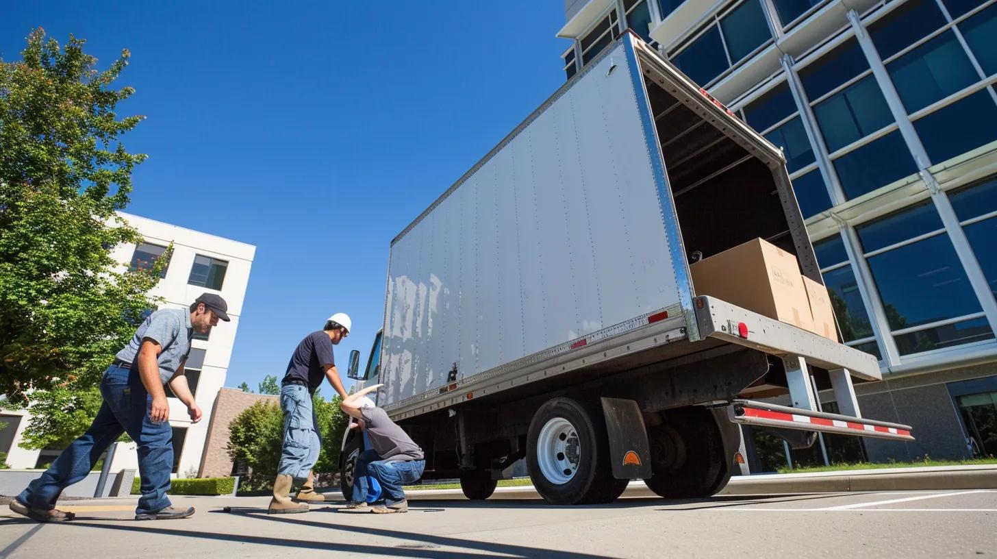 Professional movers packing and loading furniture into a truck outside an office building