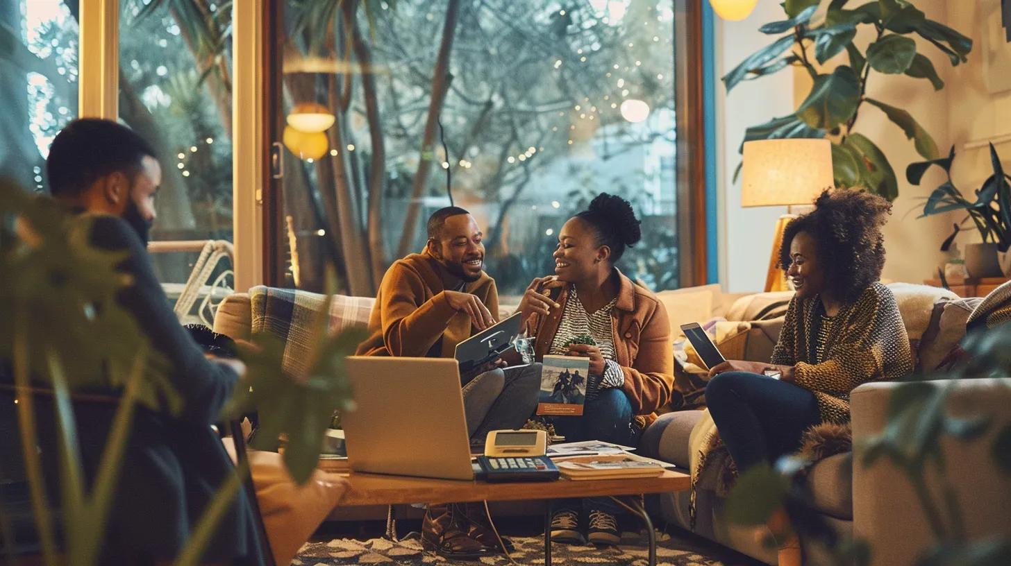 Diverse first-time homebuyers talking through VA and FHA loan choices in a cozy living room Diverse first-time homebuyers talking through VA and FHA loan choices in a cozy living room