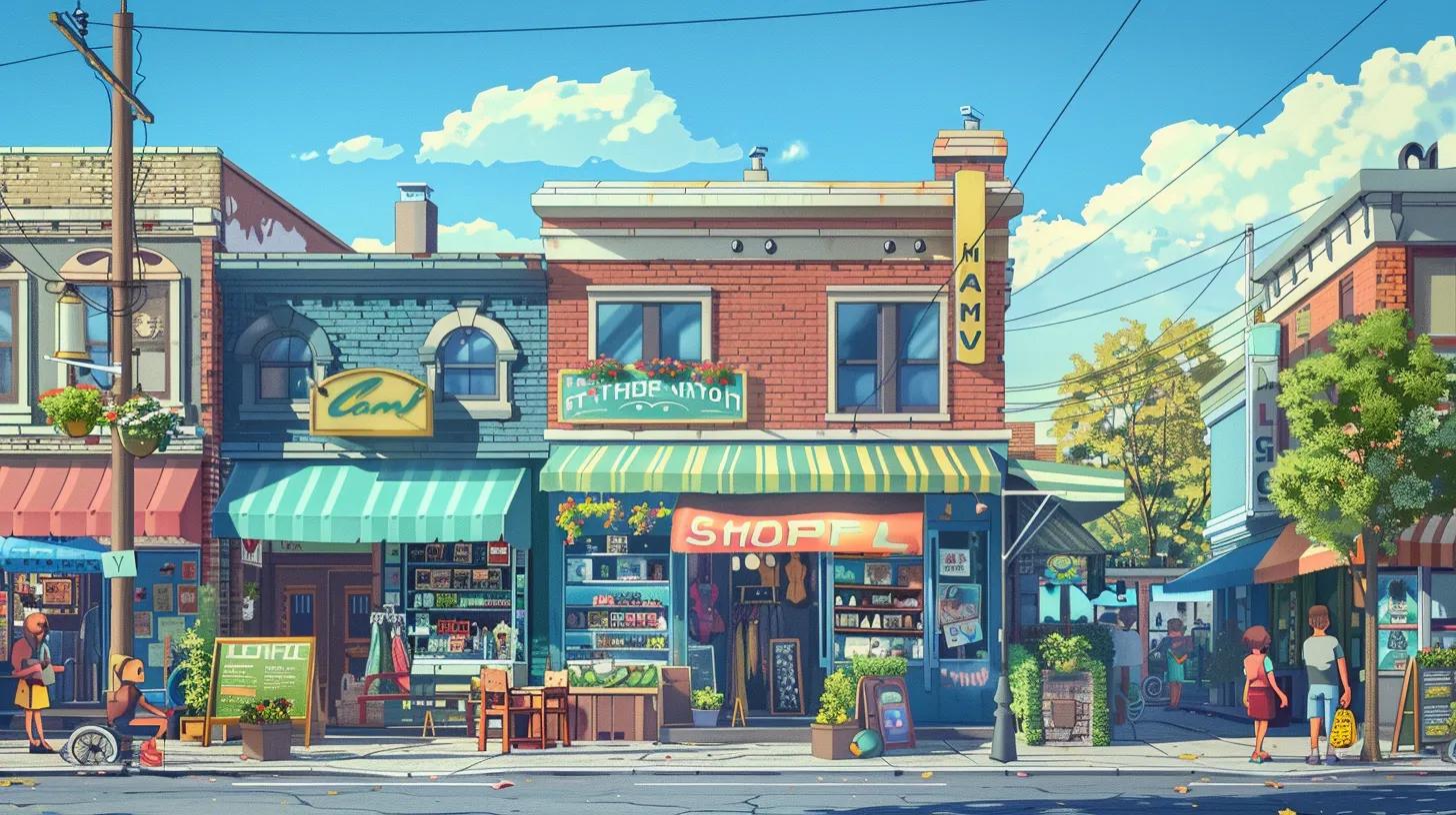 Busy local shopping center with storefronts and community members