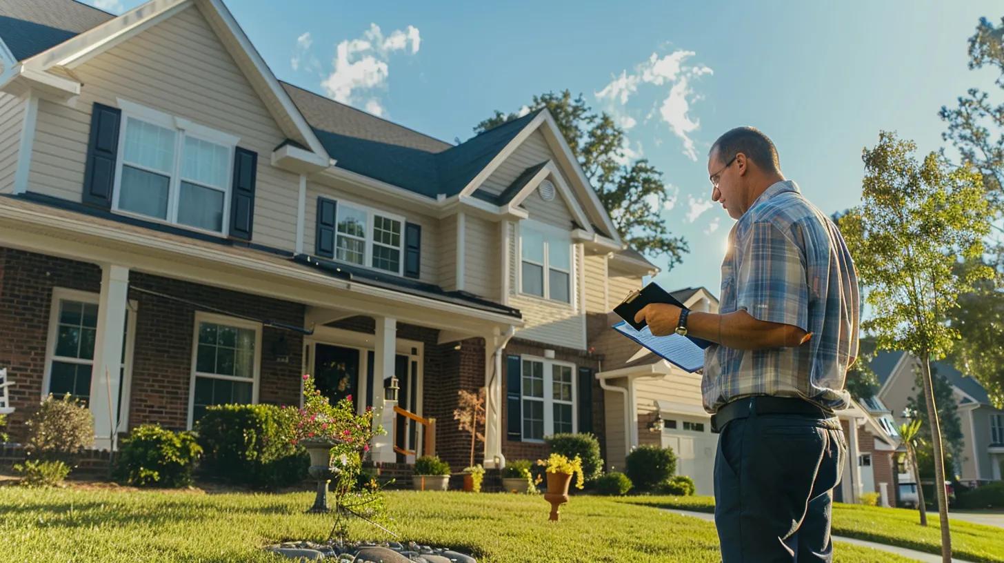 Home inspector checking the exterior of a Northern Virginia house during an inspection Home inspector checking the exterior of a Northern Virginia house during an inspection