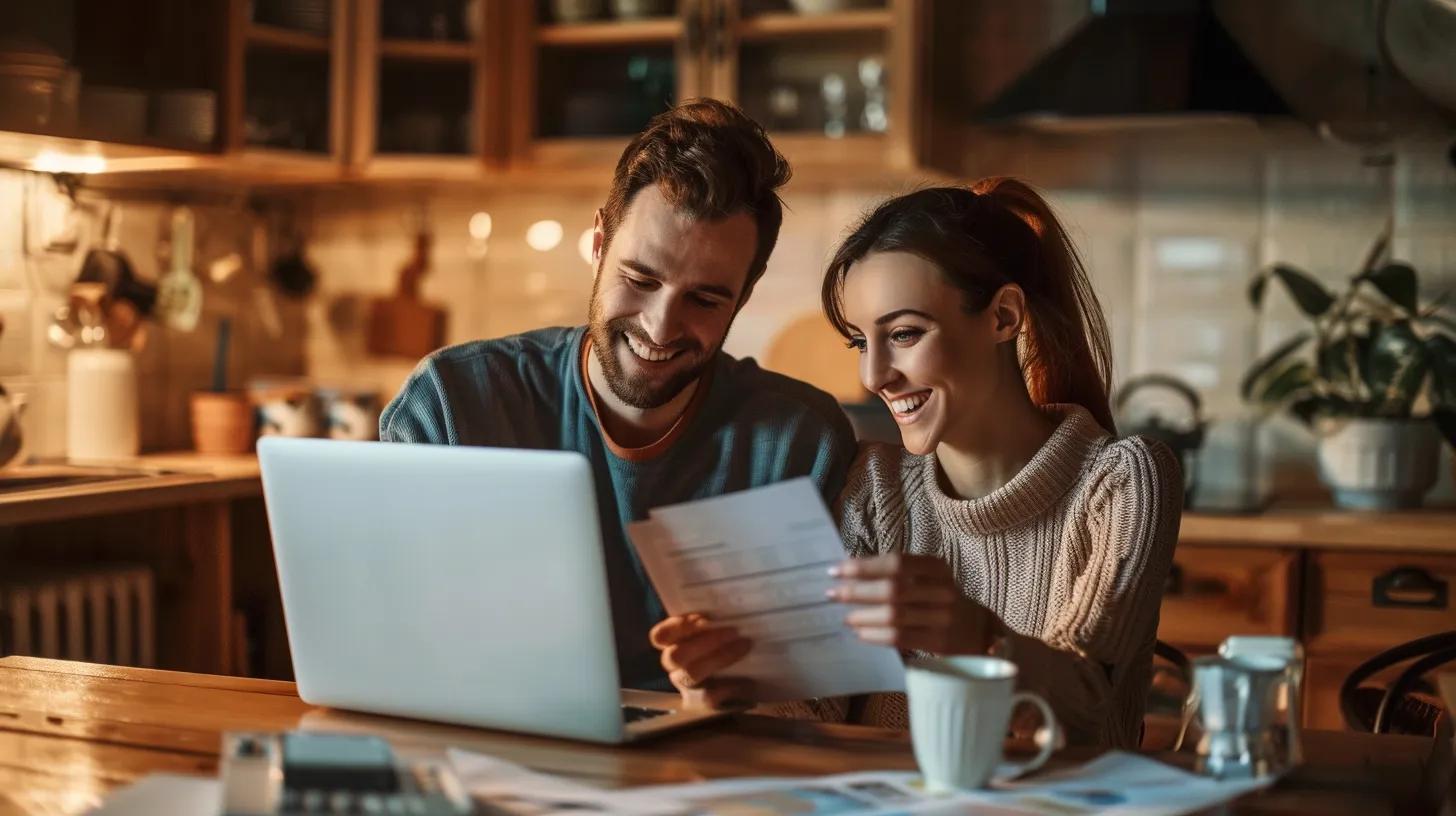 Couple reviewing mortgage documents at home while preparing for pre-approval