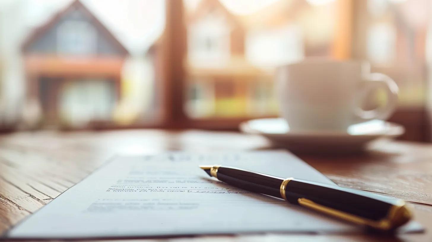 Pen resting on a residential contract with a house blurred in the background