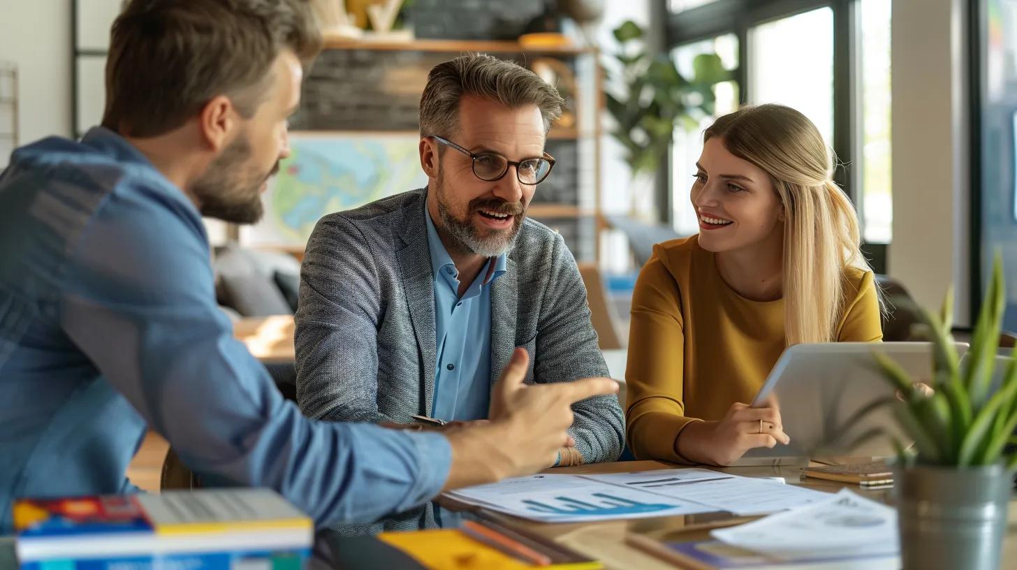 Agent advising a couple on negotiation strategy in a comfortable office