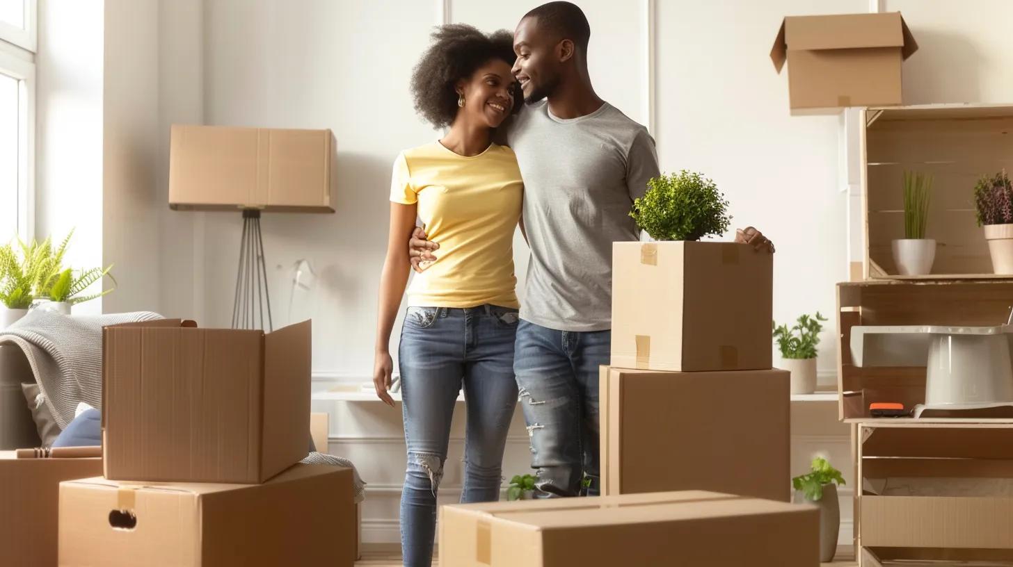 Young couple touring their first home among moving boxes