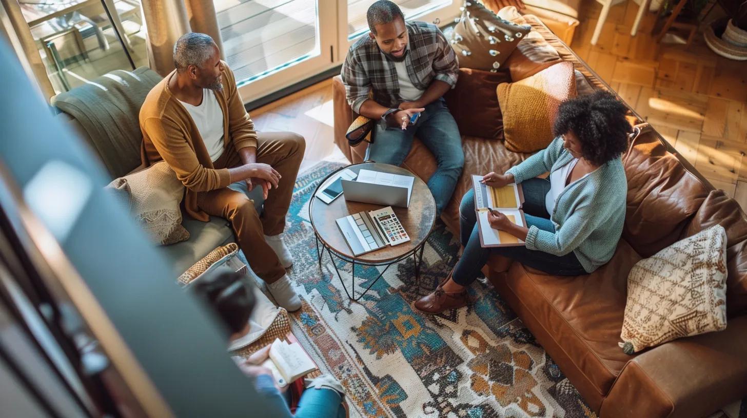 Northern Virginia homebuyers talking through mortgage options in a comfortable living room