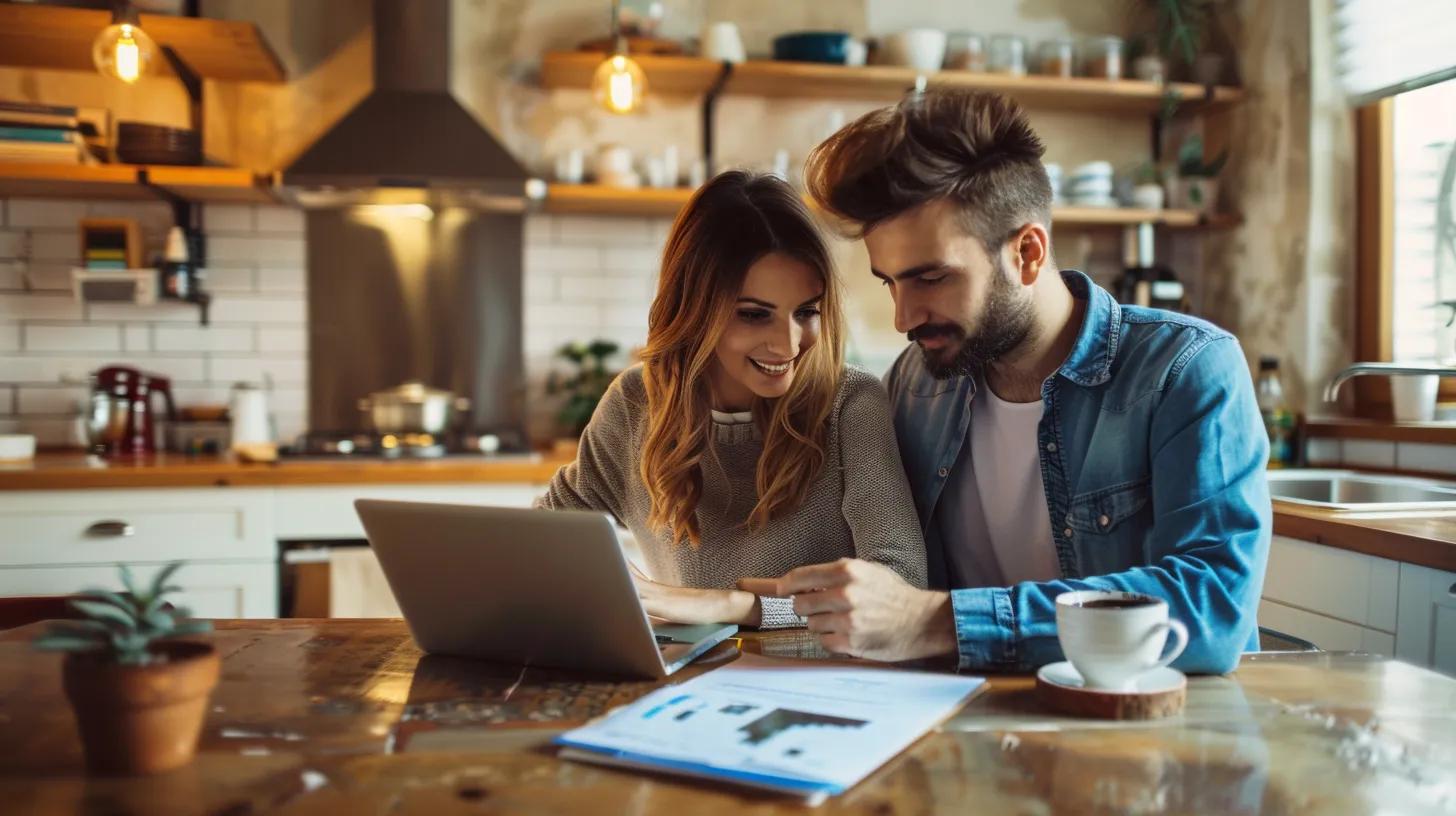 Couple using a laptop to review homebuying steps and notes at a kitchen table