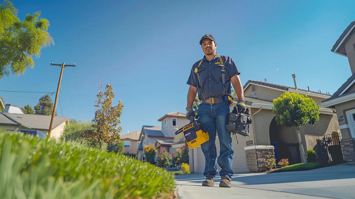 HVAC technician responding to an emergency call in a residential neighborhood HVAC technician responding to an emergency call in a residential neighborhood
