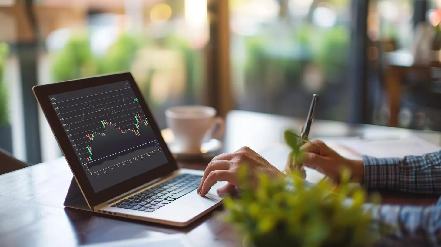 Financial analyst using technology to track portfolio performance in a cozy workspace
