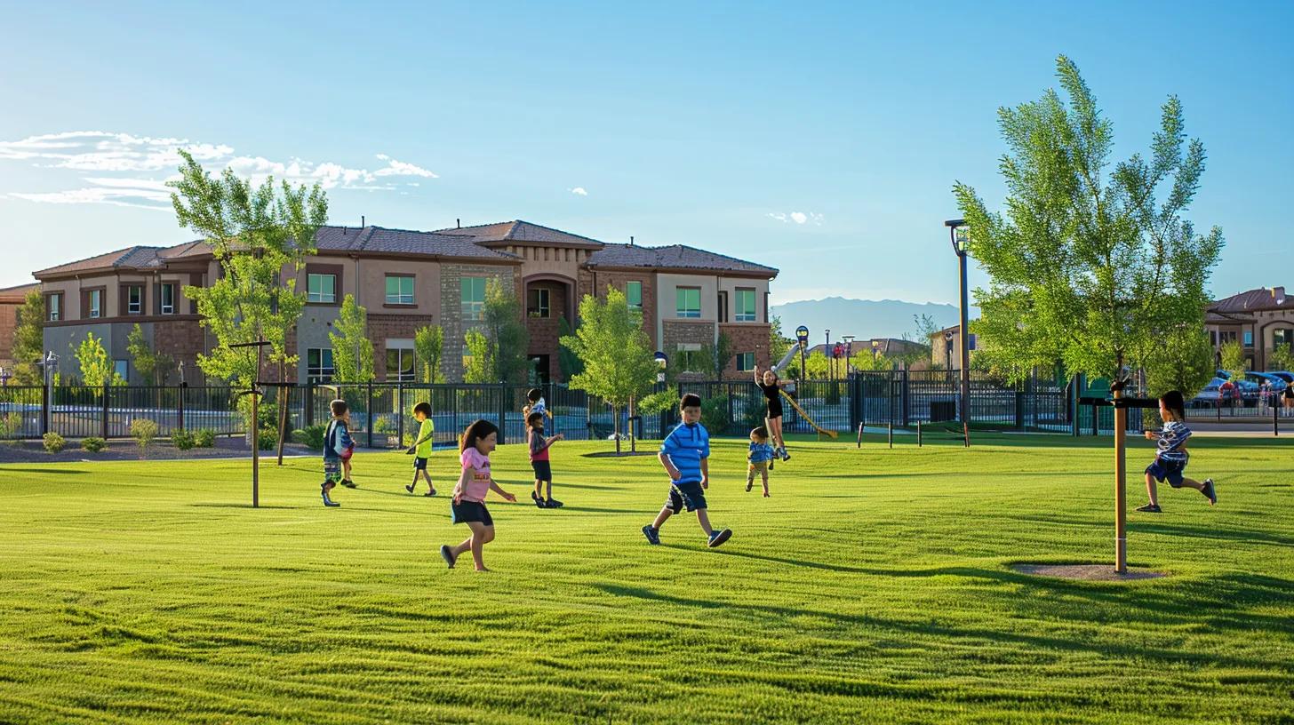 Family-friendly neighborhood in Centennial Hills with children playing near a top-rated school
