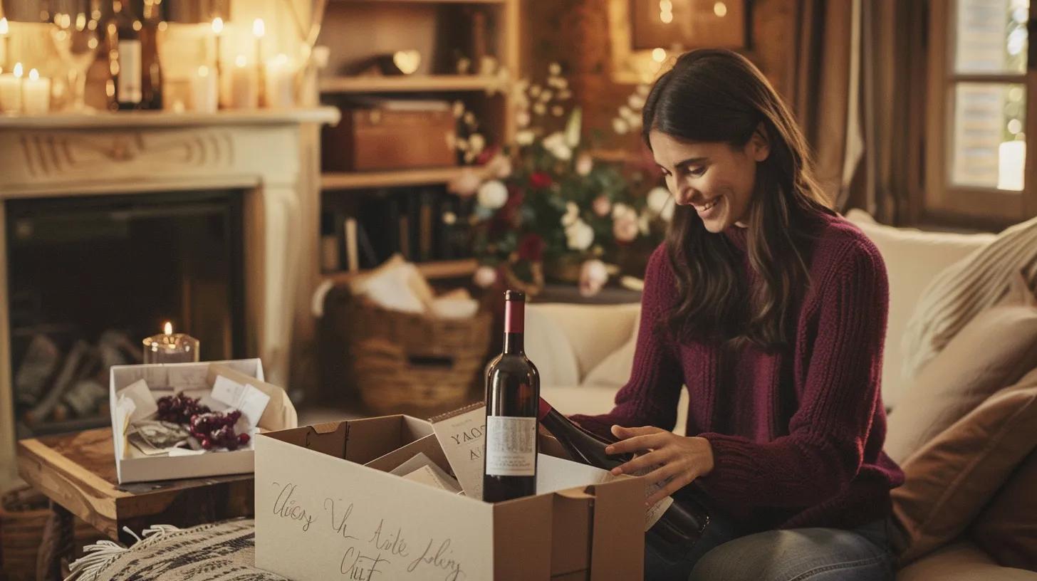 Customer unboxing a wine gift delivery at home