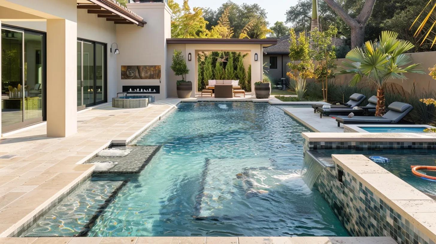 Professional pool and water feature leak inspection scene with technician testing underground plumbing and pool shell using electronic leak detection equipment, upscale outdoor space with spa and fountain, natural lighting, realistic commercial website hero image.