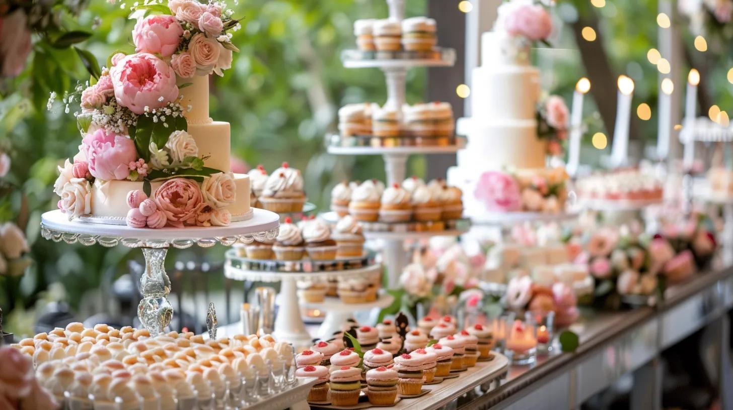 Elegant wedding dessert station with tiered cakes, macarons, cupcakes, floral decorations, candles, and premium pastries arranged beautifully on a long reception table, romantic lighting, luxury wedding atmosphere, realistic photography, high detail, no text
