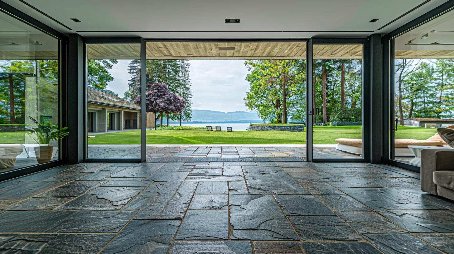 Natural stone flooring in an indoor space with large windows showing a seamless transition to an outdoor patio
