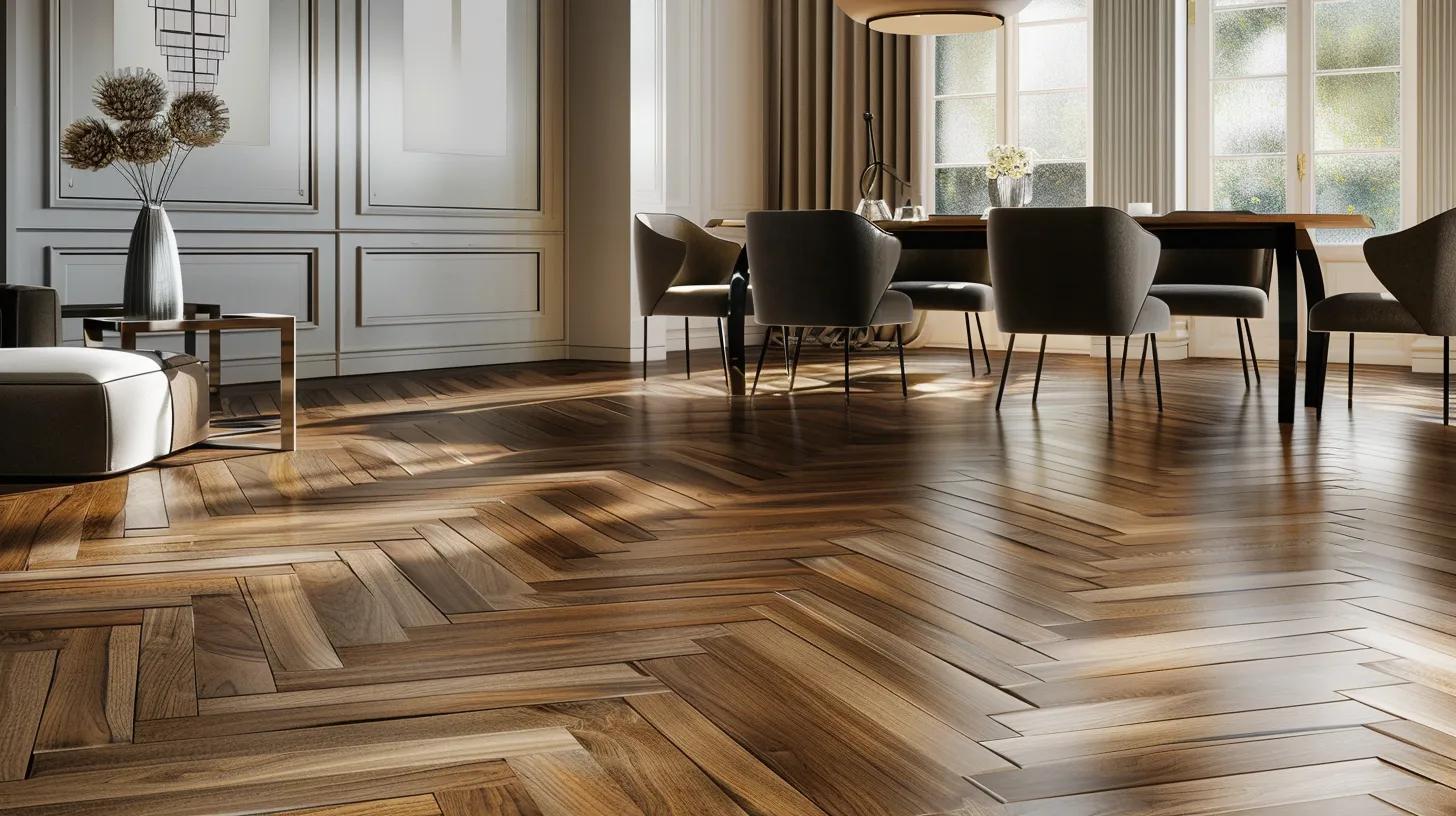 Classic herringbone wood flooring in a sophisticated dining room with elegant furniture