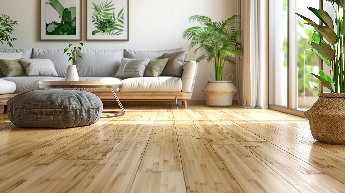 Sustainable bamboo flooring in a modern living room setting with green plants and eco-friendly furniture