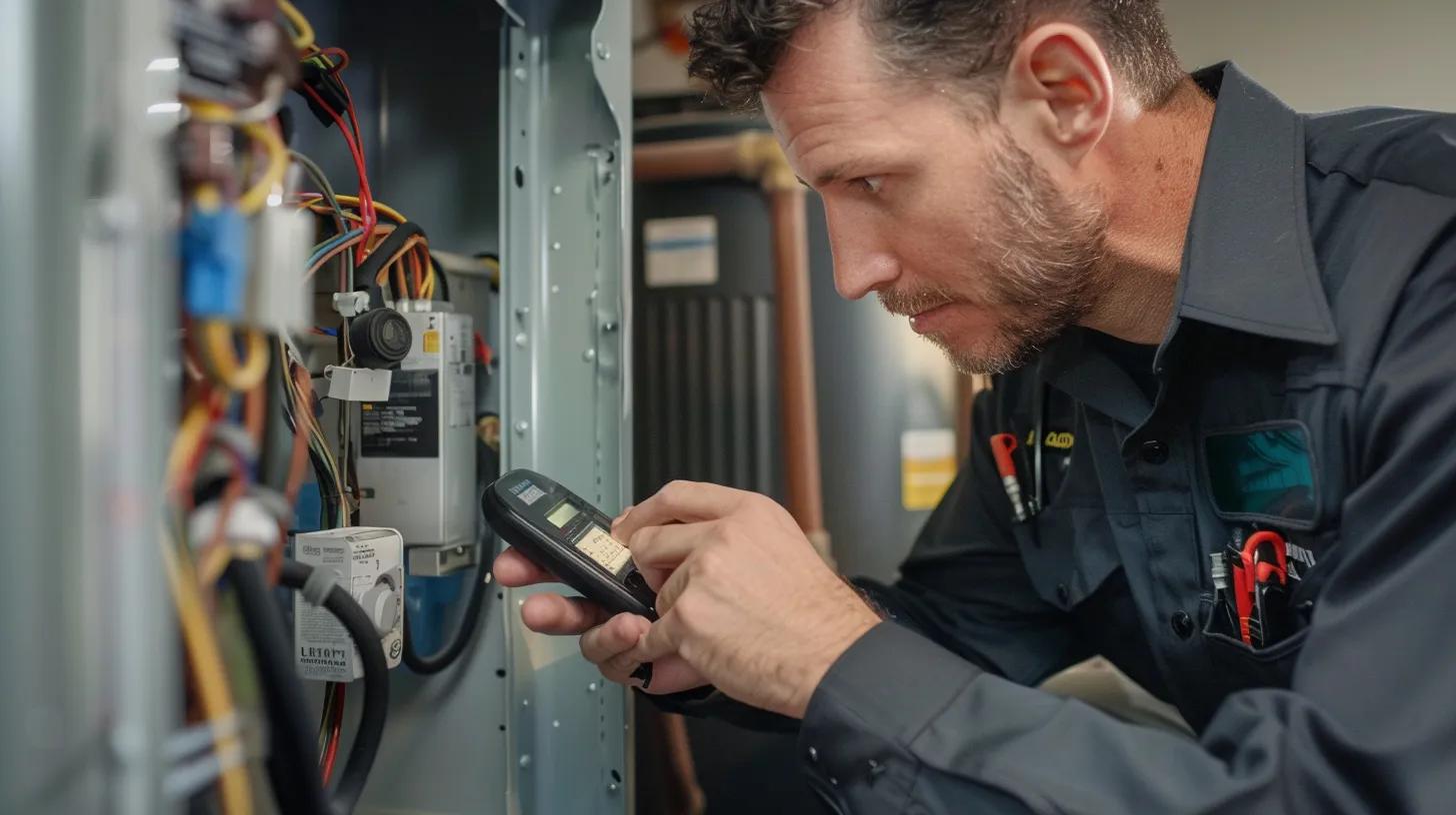 Technician troubleshooting an HVAC system that is not producing hot or cold air