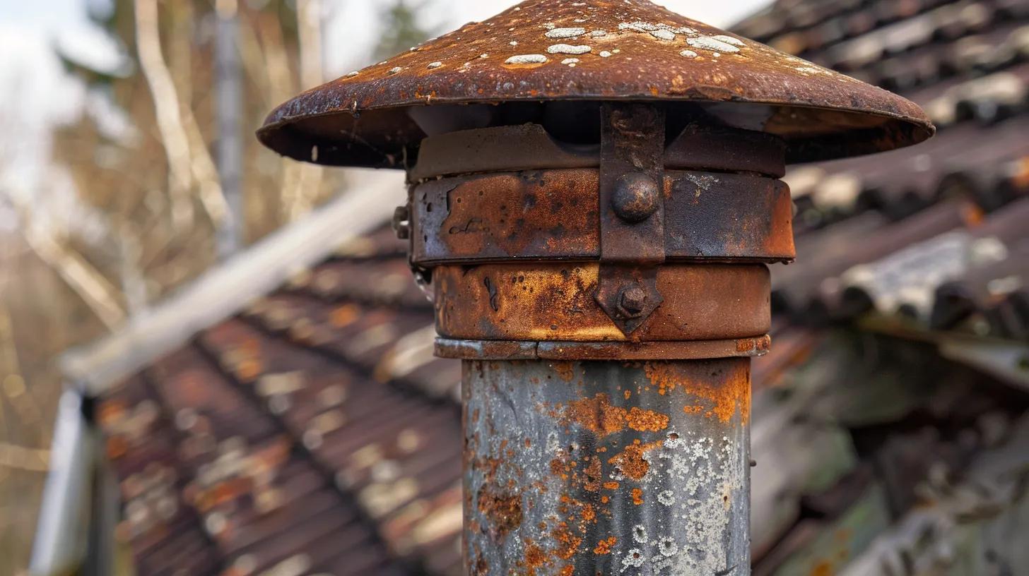 Damaged roof flashing around a chimney after storm damage