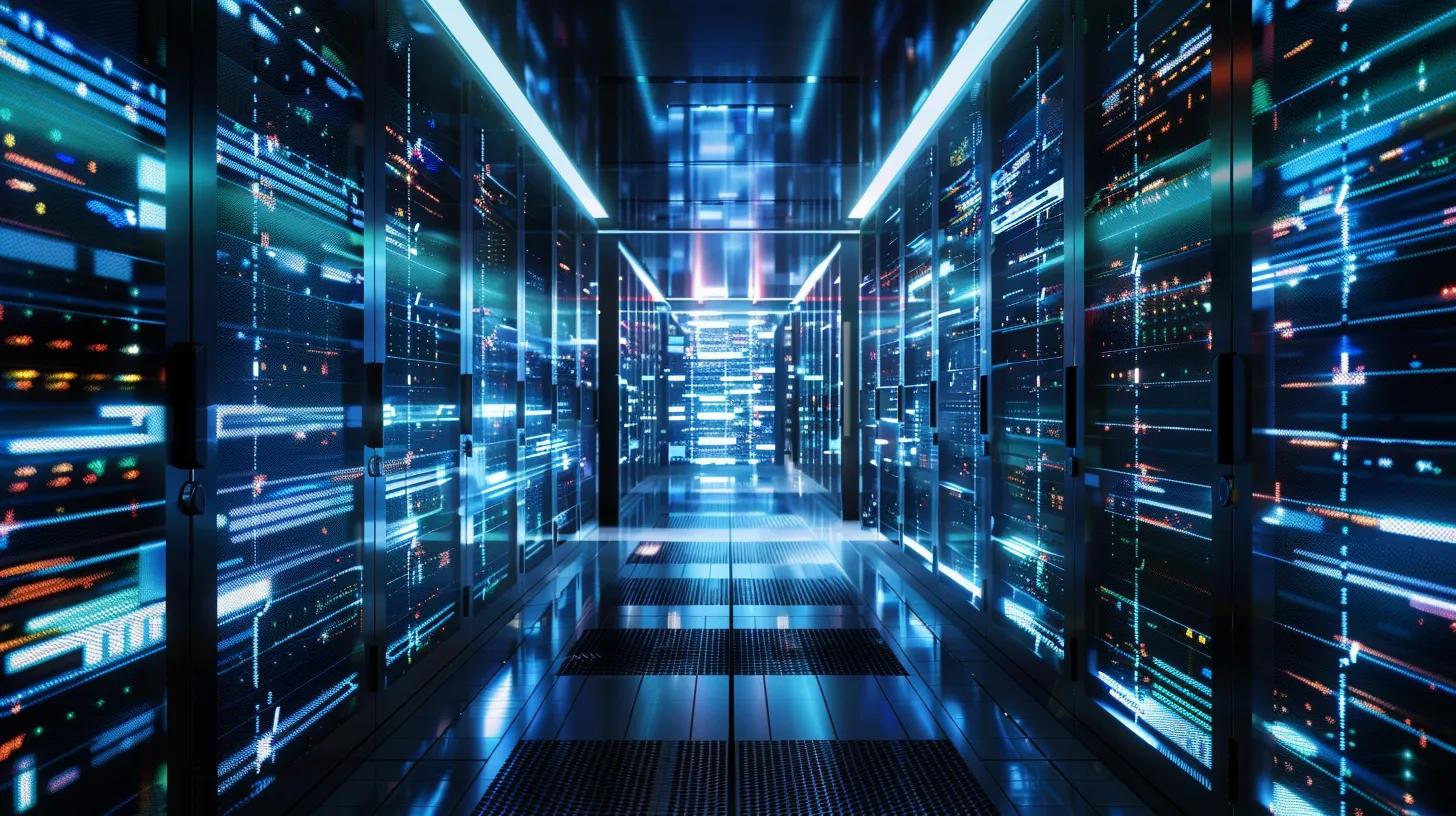 inside of a data center with a dark overlay, lots of movement