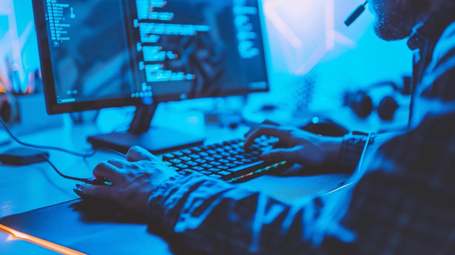 person working on a computer with a dark blue overlay