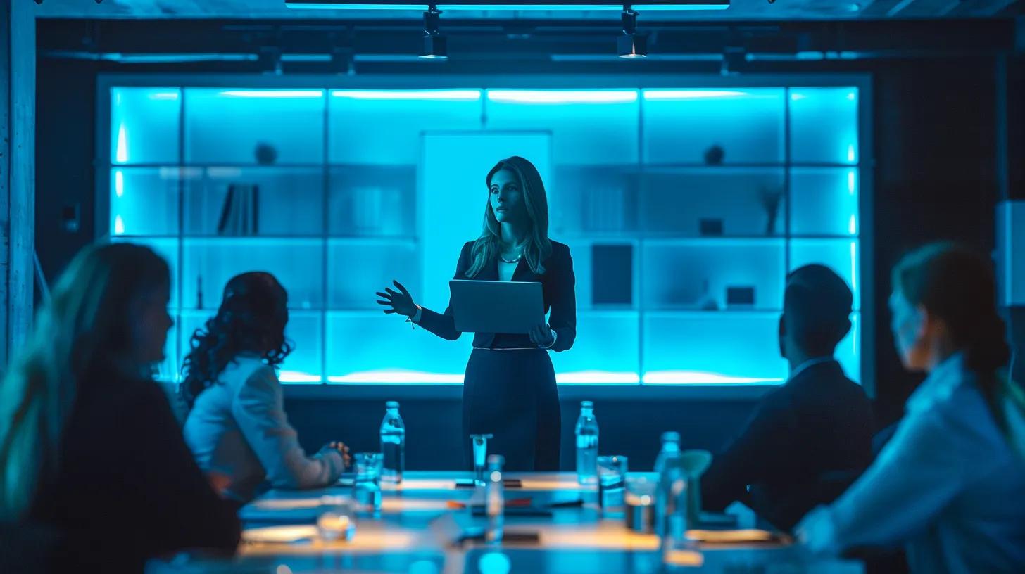 a woman presenting to a conference room full of business people but everyone dressed in business casal with a dark  blue overlay