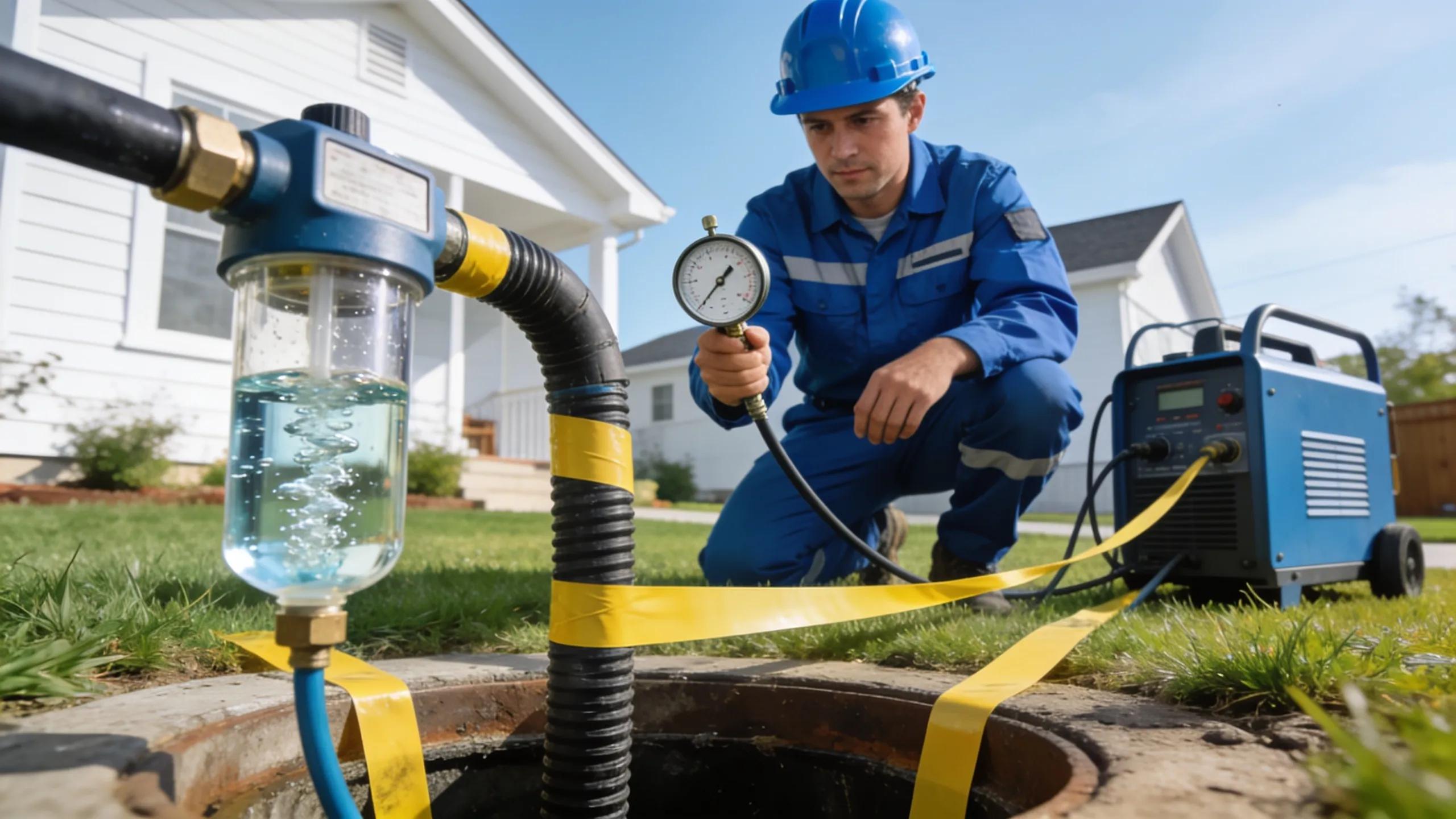 Professional inspector performing hydrostatic testing on a drain line at a residential property, highlighting inspection reliability Professional inspector performing hydrostatic testing on a drain line at a residential property, highlighting inspection reliability