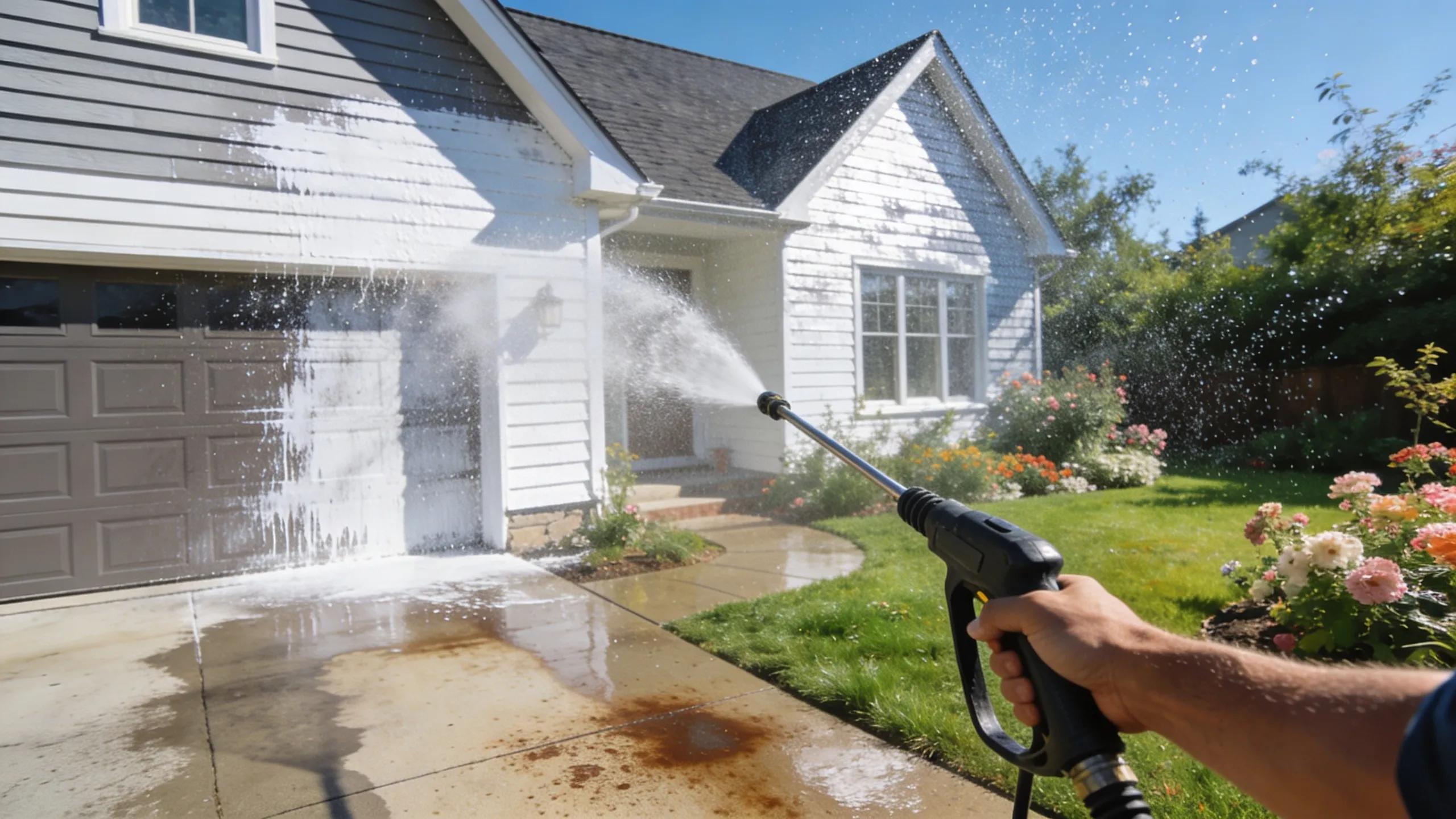 Home pressure washing in action, showcasing a clean exterior and vibrant surroundings
