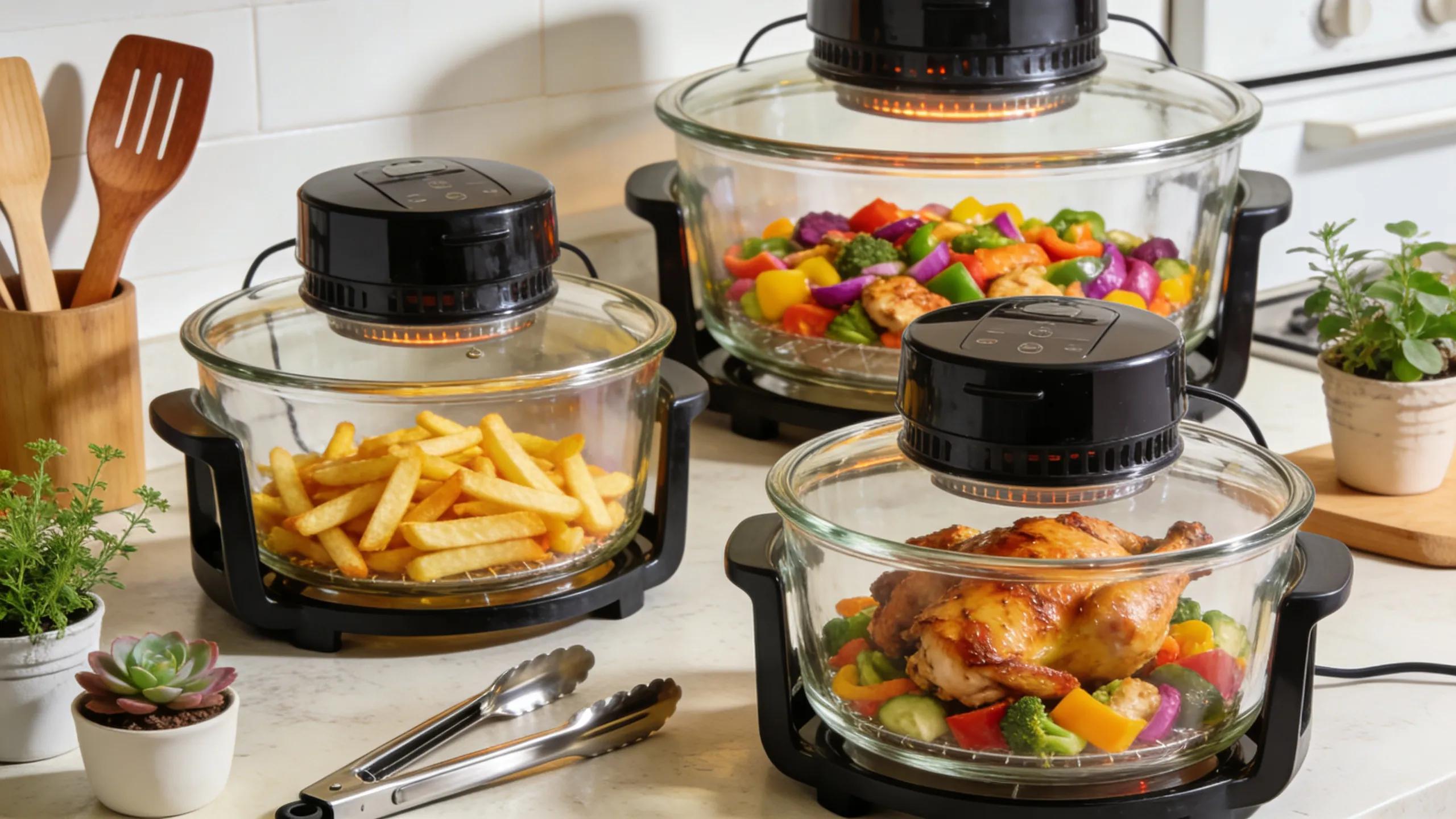 Different capacity options of glass air fryers displayed with colorful ingredients, emphasizing versatile cooking