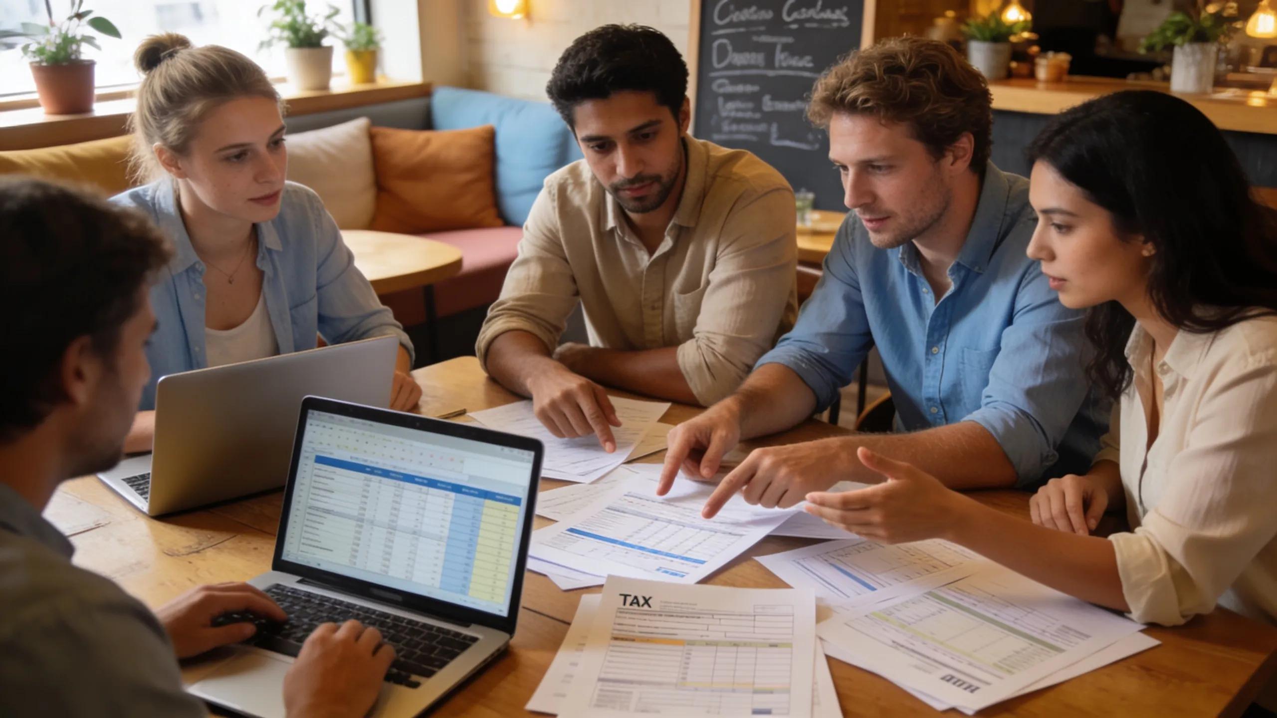 Expats discussing tax planning strategies in a café