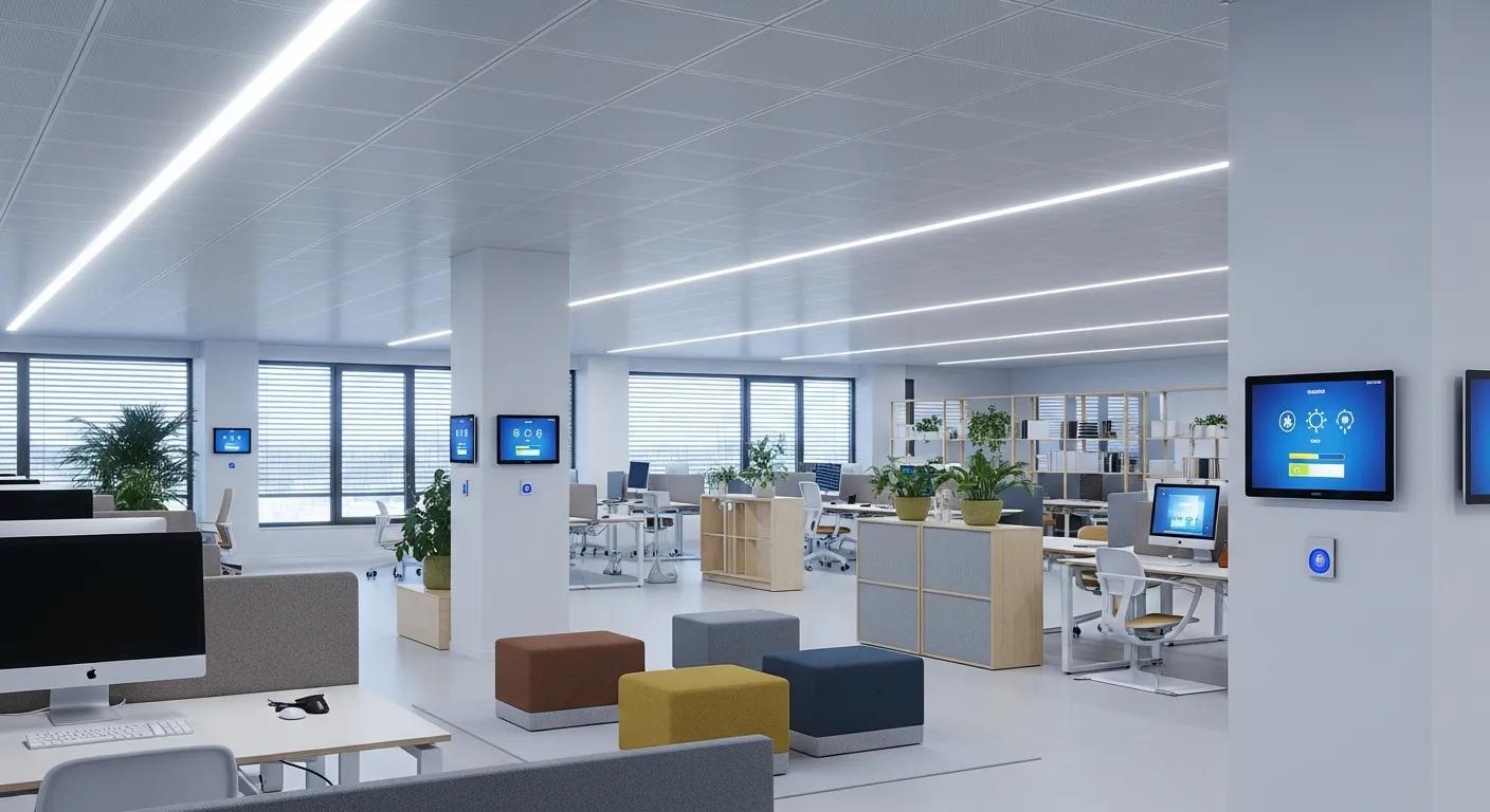 Modern office with energy-efficient LED lighting and smart controls demonstrating sustainability in design