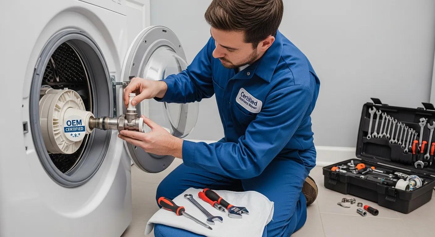 Licensed technician repairing a washer using genuine parts