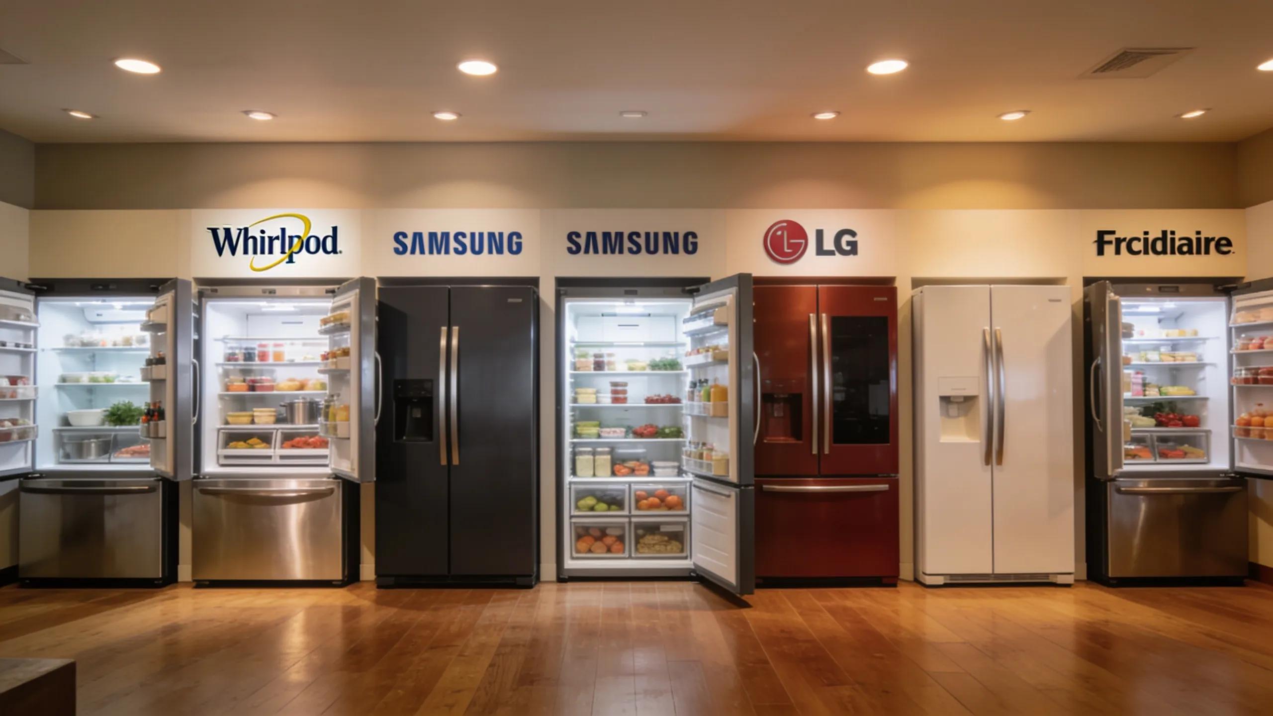 Showroom display of popular refrigerator brands showcasing various service options for appliance repair.