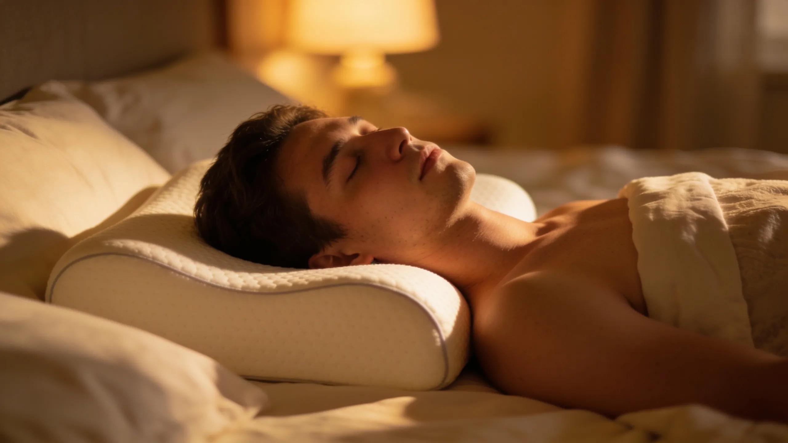 Side sleeper using a memory foam pillow that contours for optimal neck alignment