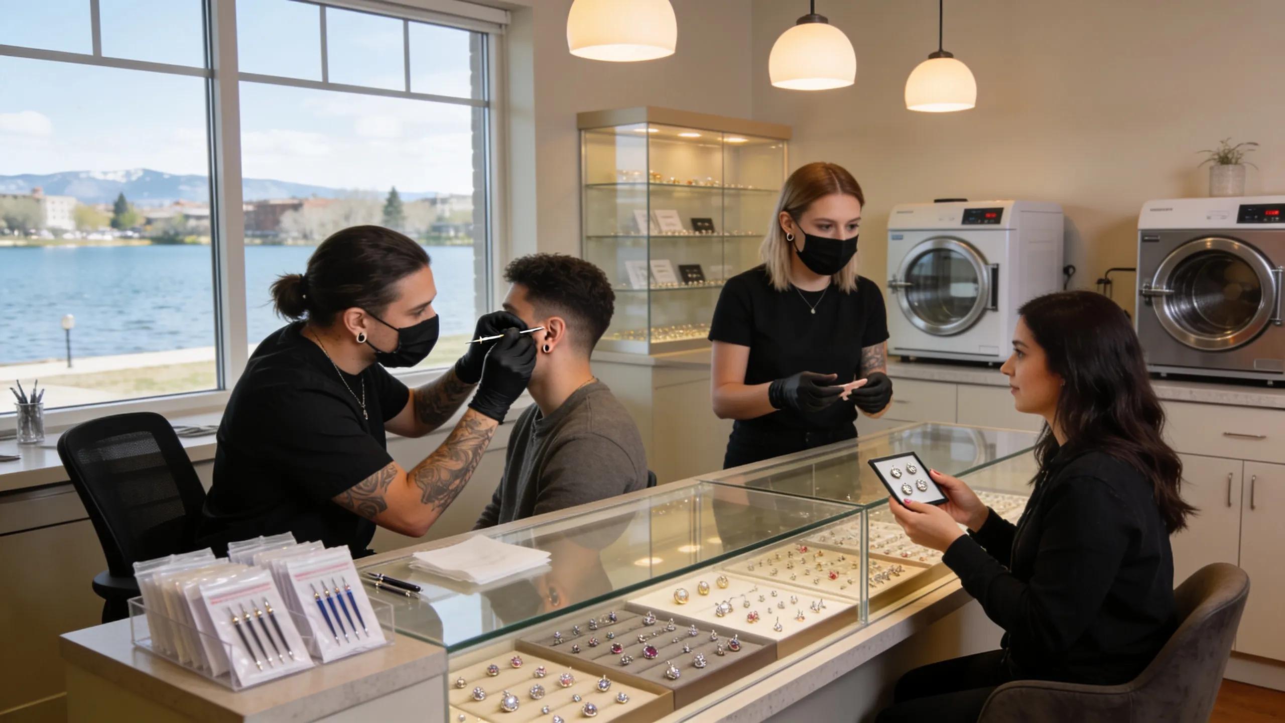 Body piercing studio in Sloan's Lake, Denver, featuring artists engaged with clients and showcasing safe practices.