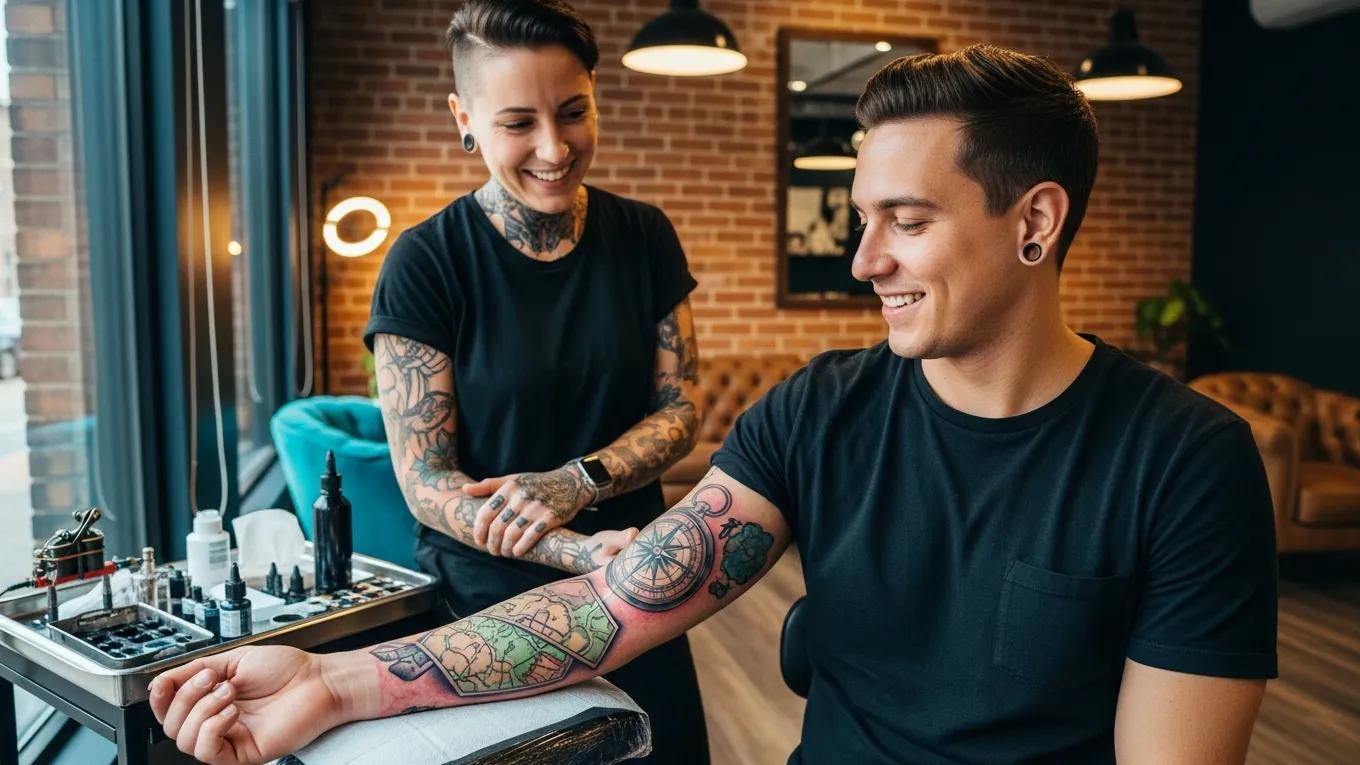 Client admiring their new tattoo in the studio, reflecting positive customer experience
