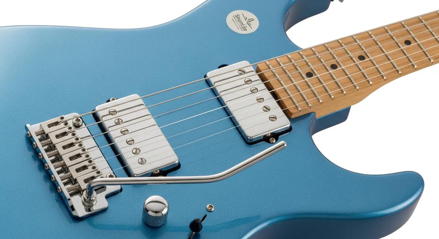 Close-up of a beginner-friendly electric guitar highlighting lightweight design, low action and comfortable neck for easy playability Close-up of a beginner-friendly electric guitar highlighting lightweight design, low action and comfortable neck for easy playability
