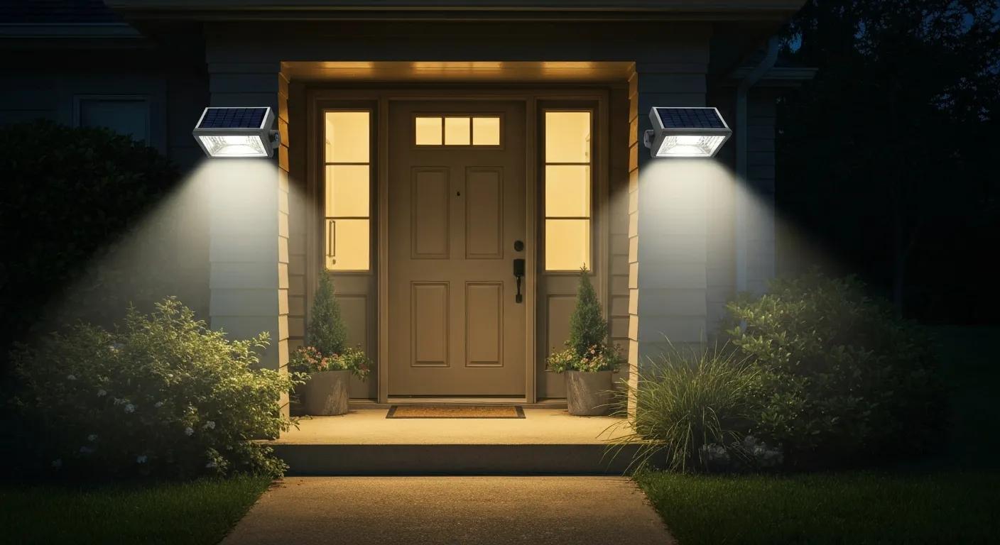 Motion sensor solar security lights illuminating an entryway at night, showcasing their effectiveness and design