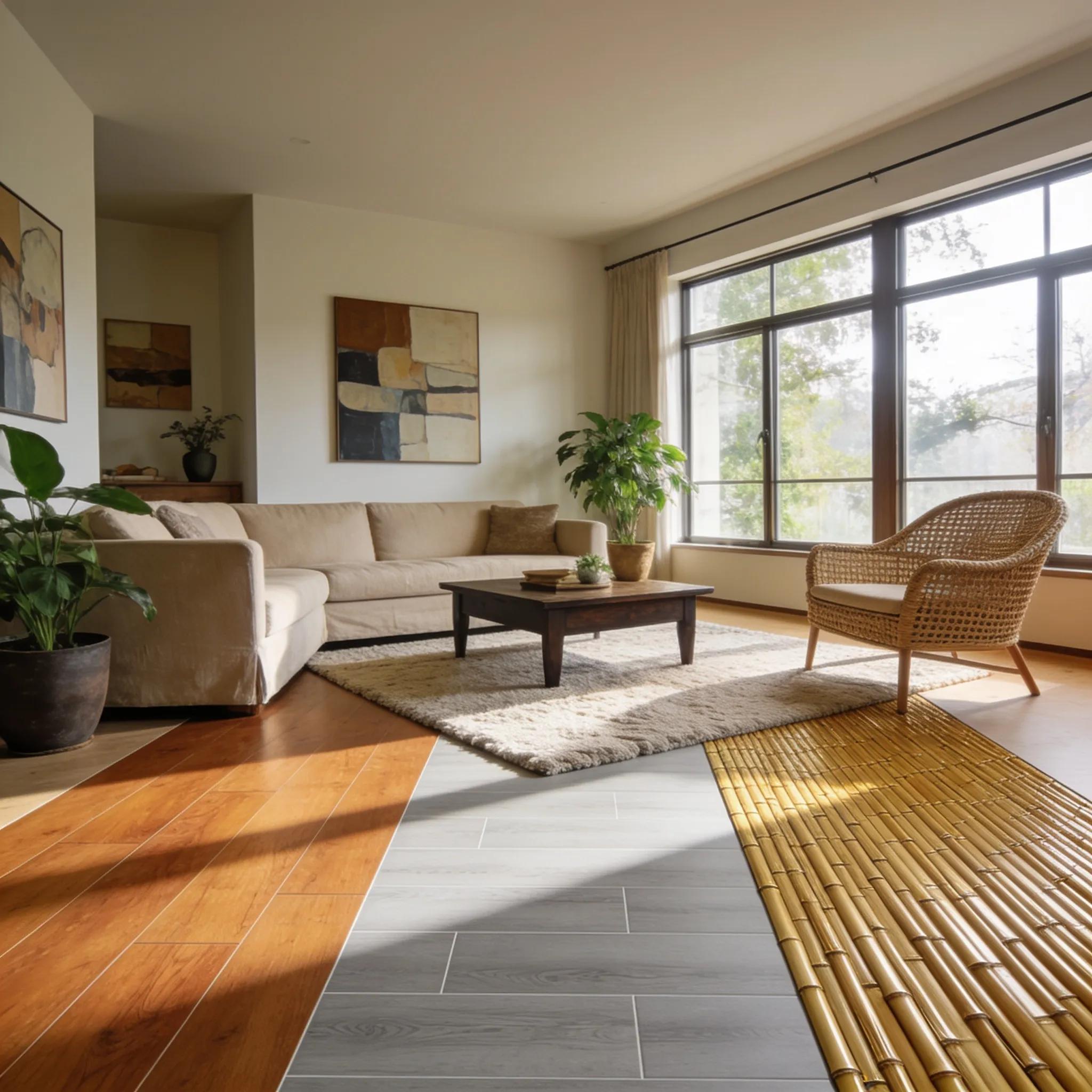 Living room showing several flooring types—durable, stylish options
